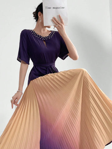 Women Faux Pearl Stud Collar Short Sleeve Top And Gradient Pleated Skirt Elegant Summer Two Piece Set