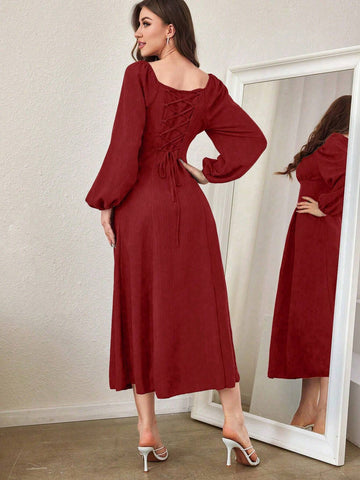 Women Spring Square Collar Casual Dress With Waistband And Lantern Sleeve