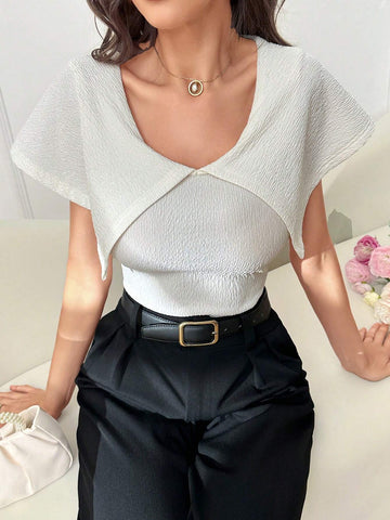 Modely Women Summer Casual Solid Color Texture Large Lapel Slim Fit T-Shirt