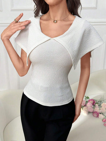 Modely Women Summer Casual Solid Color Texture Large Lapel Slim Fit T-Shirt