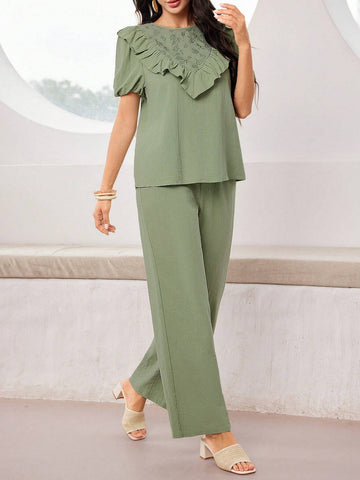 Casual Ruffle Trim Decorated Short Sleeve Top And Pants Set For Summer