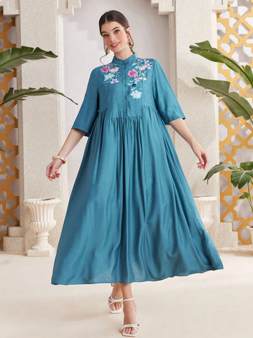 Mulvari Women'S Floral Print Stand Collar Shirt Dress