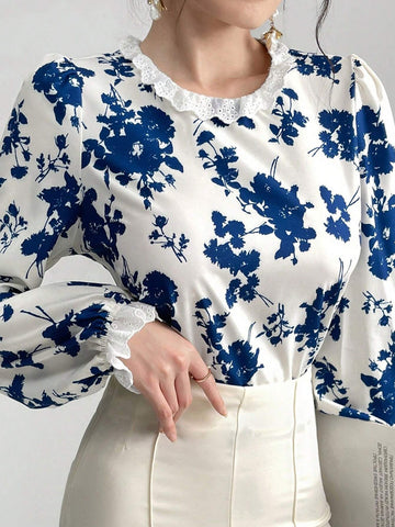 Mulvari Women Fashionable And Elegant Printed Shirt With Lace Collar