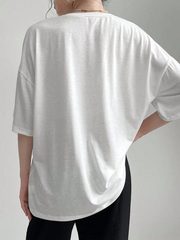 Mulvari Women Summer Casual Loose Fit Drop Shoulder Short Sleeve T-Shirt With Lace Patchwork, Color Block, Letter Print