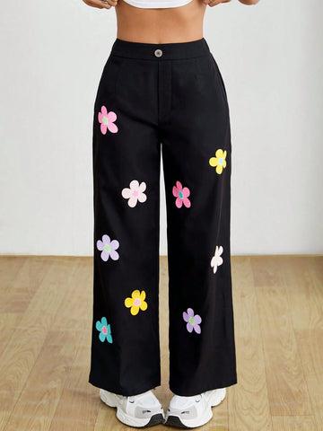 PETITE High Waisted Black Floral Printed Loose Long Pants