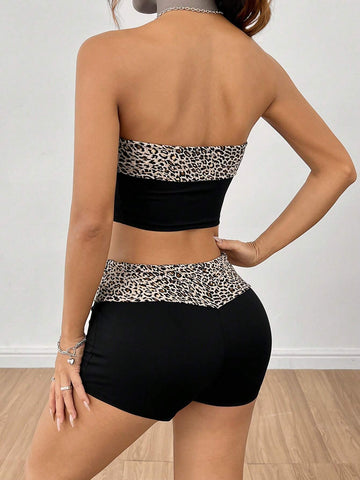 Leopard Print Spliced Bandeau Top And Shorts Set