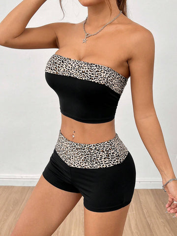 Leopard Print Spliced Bandeau Top And Shorts Set