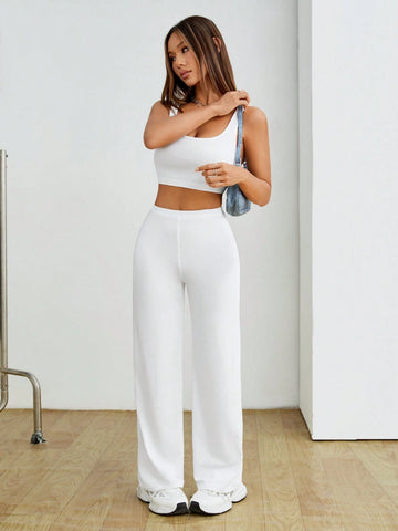 Solid Color Cropped Tank Top And Straight-Leg Pants