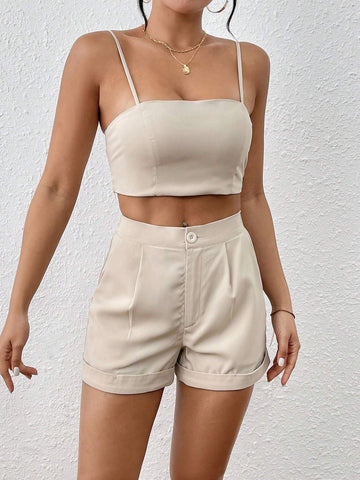 Women's Solid Color Cropped Tank Top And Shorts Set With Diagonal Pockets