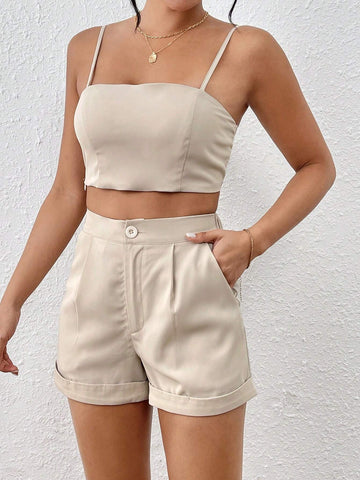 Women's Solid Color Cropped Tank Top And Shorts Set With Diagonal Pockets