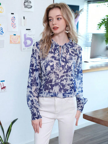 Privé Elegant And Chic Floral Chiffon Long-Sleeved Shirt With Tie Collar And Ruffle Hem, Perfect For Work