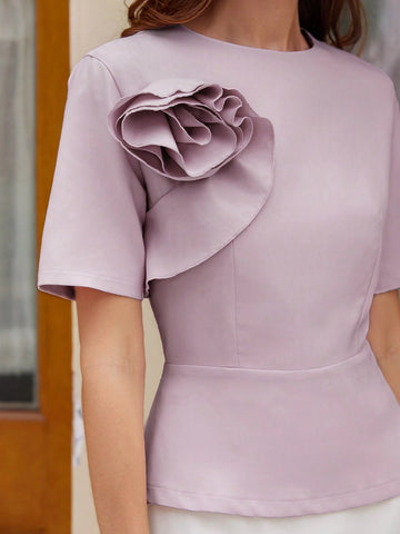Privé Elegant Commuting Women's Three-Dimensional Flower Slimming A-Line Shirt With Ruffled Hem