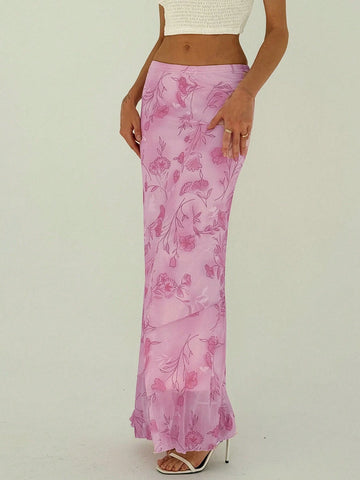 Privé Elegant Flower Print Low Waist Mermaid Long Skirt