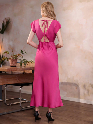 Elegant French-Style Vintage Fuchsia Deep V-Neck Waved Front And Twisted Back With Hollow Out Lace