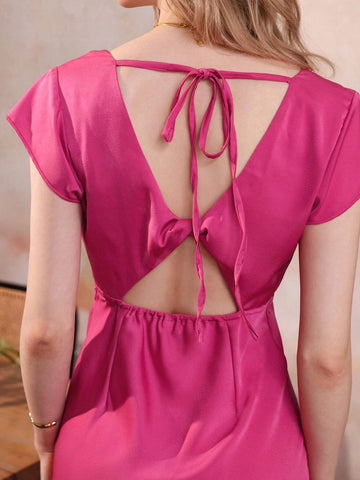 Elegant French-Style Vintage Fuchsia Deep V-Neck Waved Front And Twisted Back With Hollow Out Lace