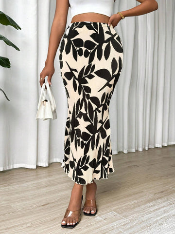Privé Elegant Plant Printed Bodycon Skirt With Mermaid Hem, For Spring And Summer