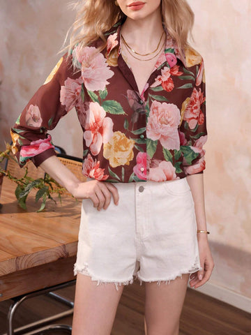 Privé Elegant Realistic Floral Print Chiffon Shirt With Lapel Collar And Button Placket For Women
