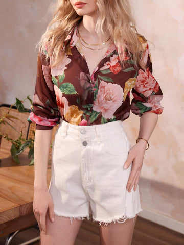 Privé Elegant Realistic Floral Print Chiffon Shirt With Lapel Collar And Button Placket For Women