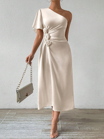Elegant Single Shoulder Pleated Waist Dress