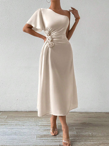 Elegant Single Shoulder Pleated Waist Dress