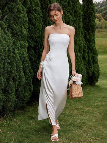 Fashionable And Elegant Sleeveless Dress With Glossy Material, 3D Flowers, High Slit, And