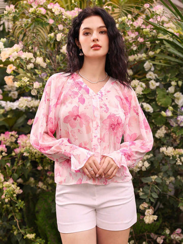 Privé Floral Printed Chiffon Long Sleeve Shirt