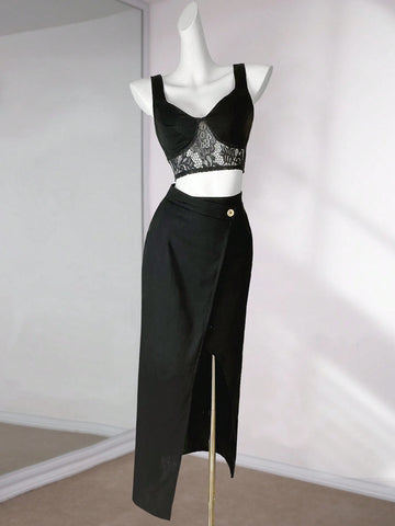 Lace Spliced Chest Cup Strap Irregular Waist High Slit Skirt Summer Two Piece Set