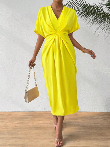 Ladies" Solid Color Simple Design Daily Casual Long Dress With Pleats