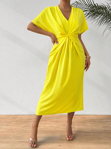 Ladies" Solid Color Simple Design Daily Casual Long Dress With Pleats
