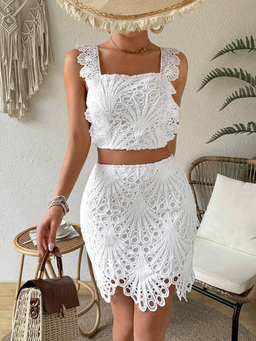 Solid Color Lace Patchwork Cami Top + Skirt Set