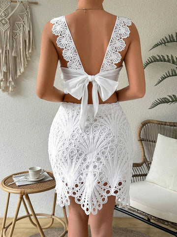 Solid Color Lace Patchwork Cami Top + Skirt Set