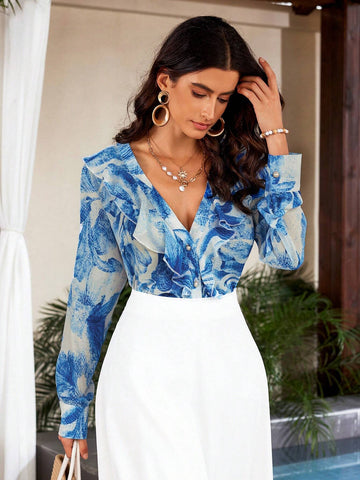 Privé Summer Cool Feeling Blue And White Porcelain Printed V-Neck Shirt With Ruffle Trim, Long Sleeve