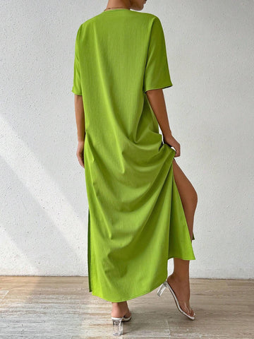 Women Solid Color V-NeSlouchylouchy Seaside Holiday Slit Long Dress