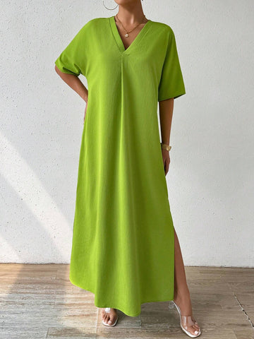 Women Solid Color V-NeSlouchylouchy Seaside Holiday Slit Long Dress