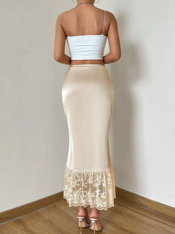 Privé Women Stretch Lace Slim Fit Skirt With Ruffle Hem, Elegant For Wedding Season