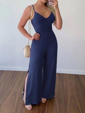 Women Summer Casual Solid Color Side Slit Spaghetti Strap Jumpsuit