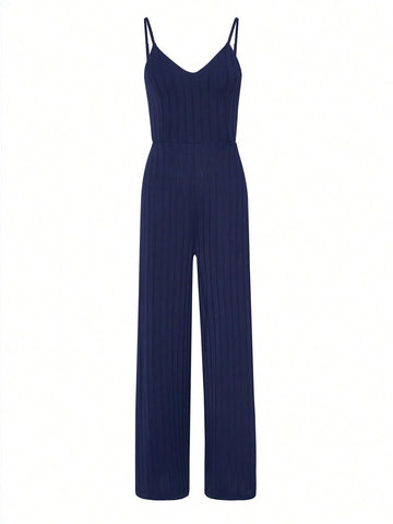 Women Summer Casual Solid Color Side Slit Spaghetti Strap Jumpsuit