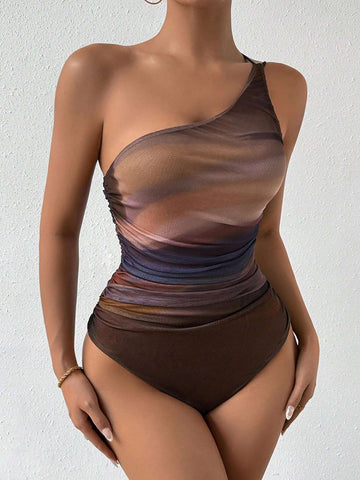 Women Summer One Shoulder Tie-Dye Print Pleated Sleeveless Slim Jumpsuit
