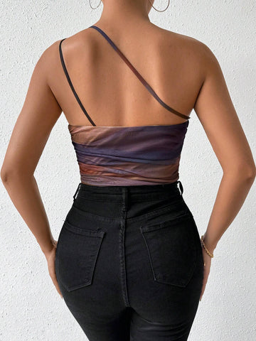 Women Summer One Shoulder Tie-Dye Print Pleated Sleeveless Slim Jumpsuit