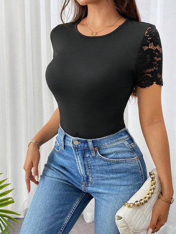 Women Summer Simple, Elegant, Sexy, Holiday, Beach, Date Black Lace Hollow Out Short Sleeve, Tight Jumpsuit With Open Back