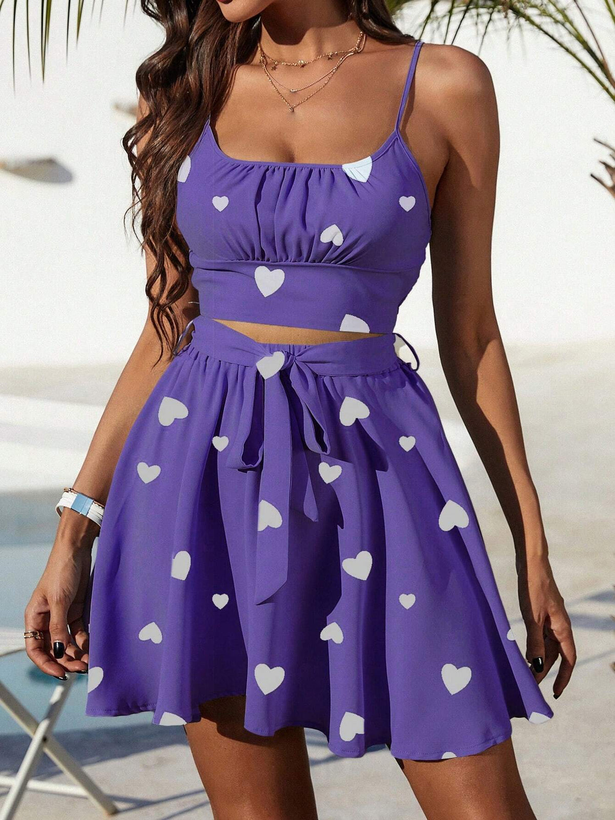 Women Summer Holiday Style Heart Print Pleated Cropped Cami Top And Skirt Set