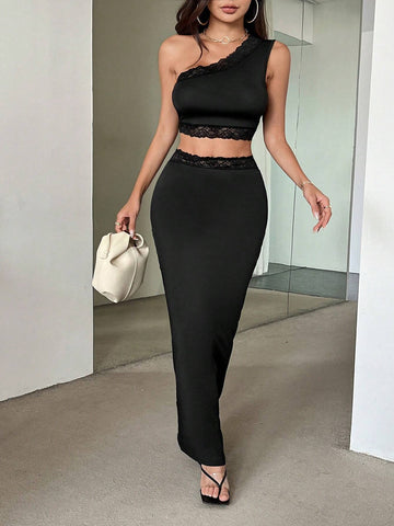 Women's Black Lace Oblique-Shoulder Cropped Top & Bodycon Long Skirt Set