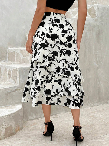 Privé Women's Fashion Printed Ruffle Hem Asymmetrical Skirt