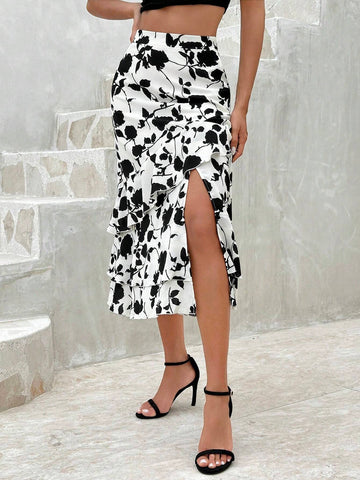 Privé Women's Fashion Printed Ruffle Hem Asymmetrical Skirt