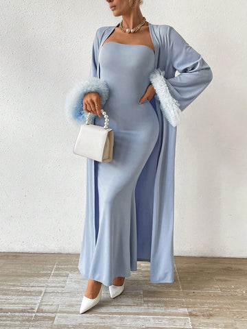 Women's Long Strapless Dress With Sheer Mesh Sleeve Cuffs Jacket Two Piece Set