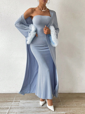 Women's Long Strapless Dress With Sheer Mesh Sleeve Cuffs Jacket Two Piece Set