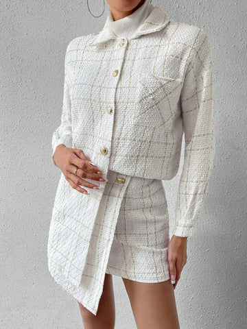 Women's Plaid Button-down Off-the-shoulder Jacket And Skirt Two-piece Set