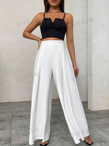 Women's Solid Color Office Lady High Waist Wide Leg Pants With Pleat