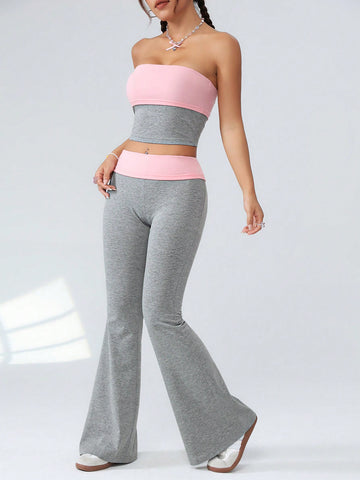 Women'S Colorblock Cropped Bandeau Top And Long Pants Set