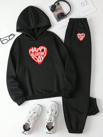 Women's Casual Simple Heart & Letter Print Hoodie And Loose Jogger Pants Two Piece Set For Spring And Autumn
